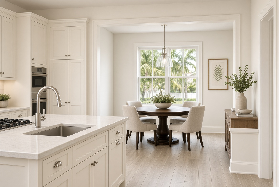 Cream painted kitchen cabinets looking into a Florida dining nook
