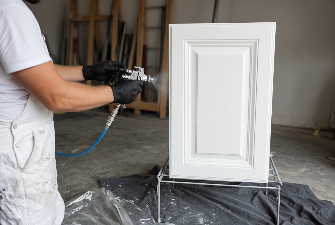 Cabinet door being sprayed with enamel on a finishing rack