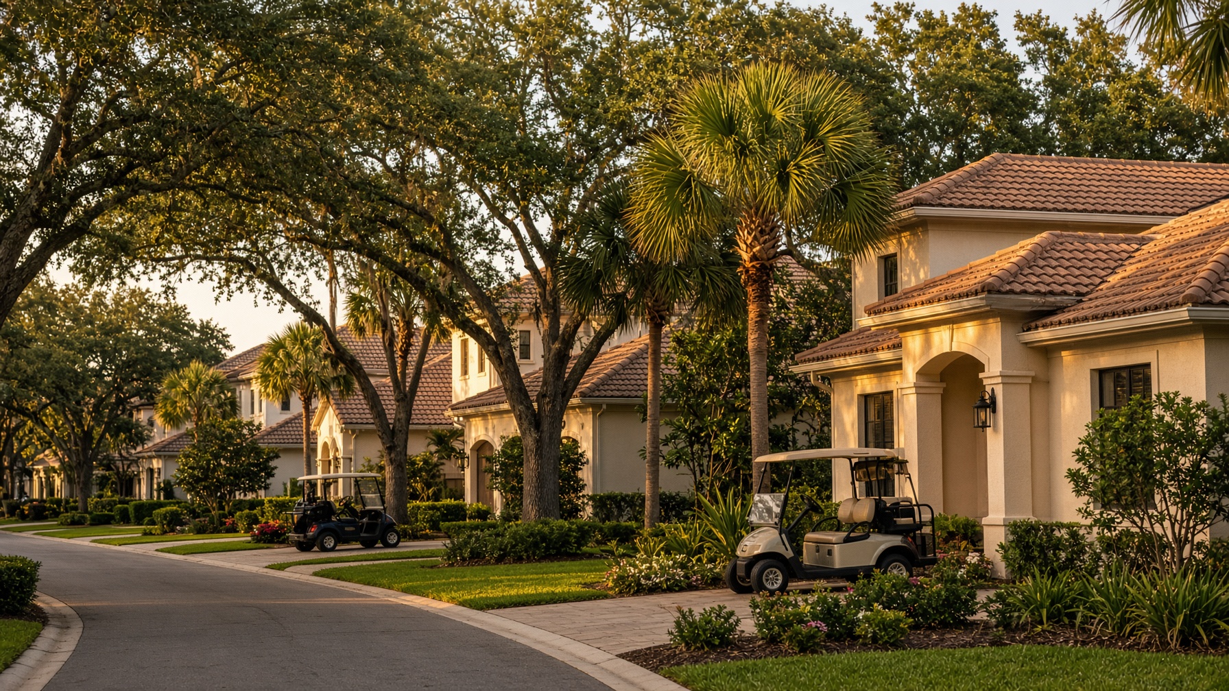 Landscaped street of Mediterranean villa homes in a Florida 55-plus community