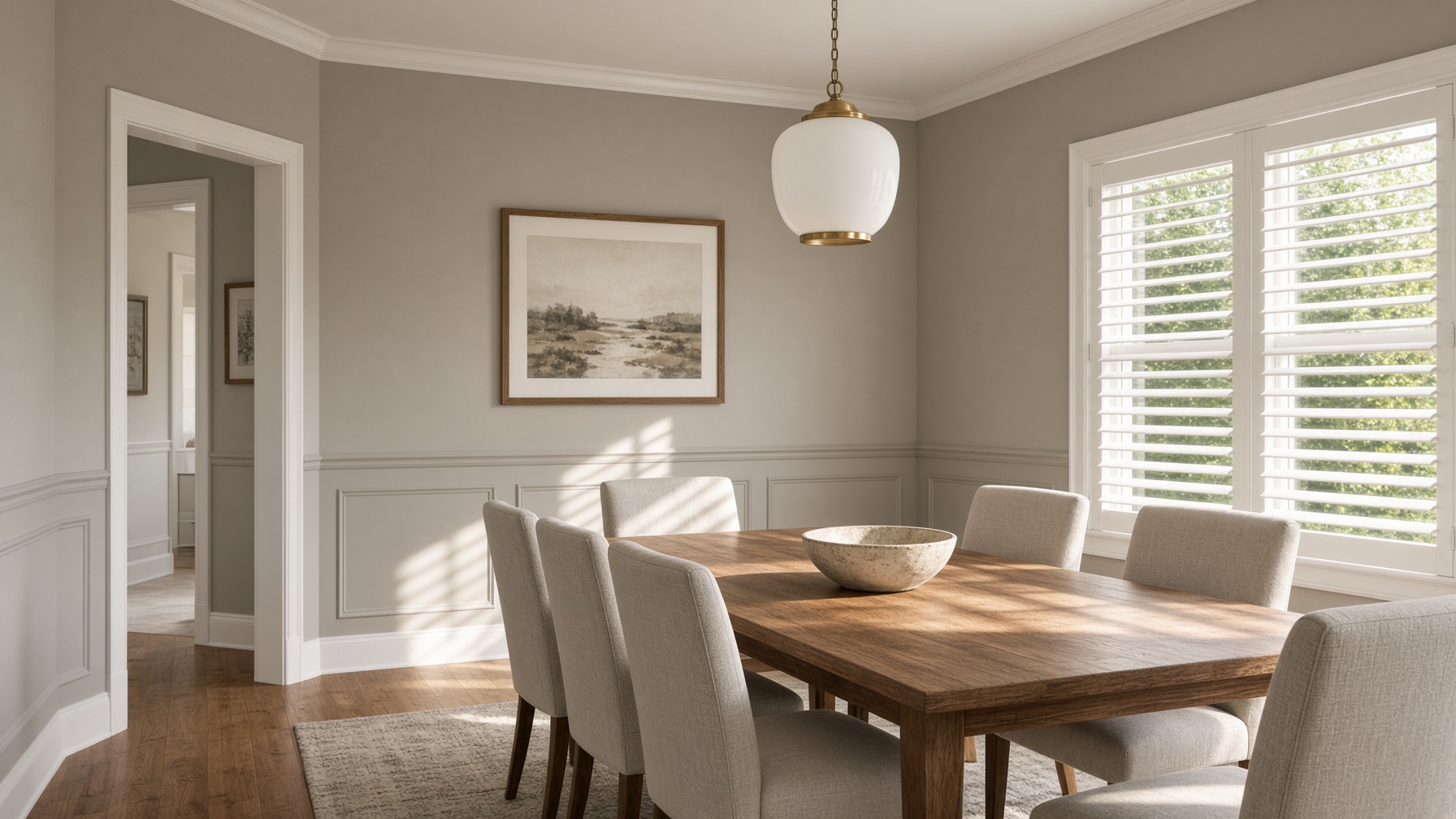 Florida dining room with freshly painted greige walls, white trim, and plantation shutters