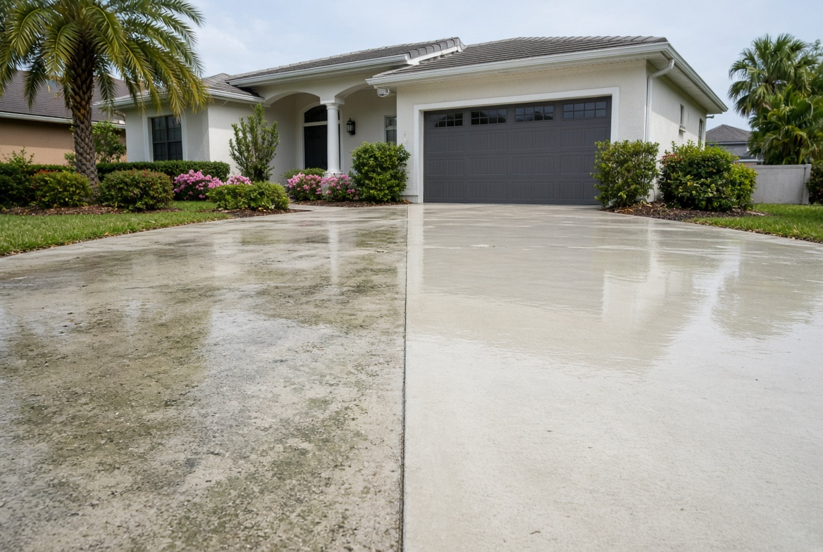 Driveway pressure washing before and after in The Villages