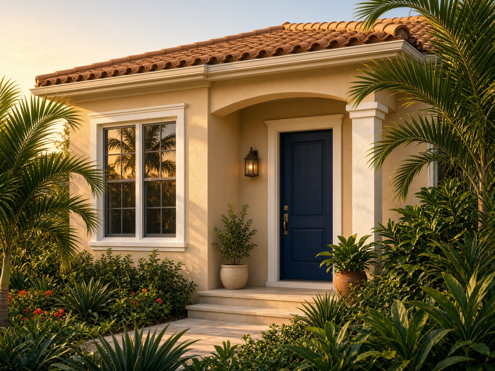 Freshly painted Florida villa with white trim and tropical landscaping