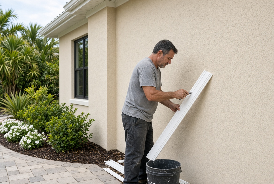 Painter detailing exterior trim on a Brownwood-area stucco home