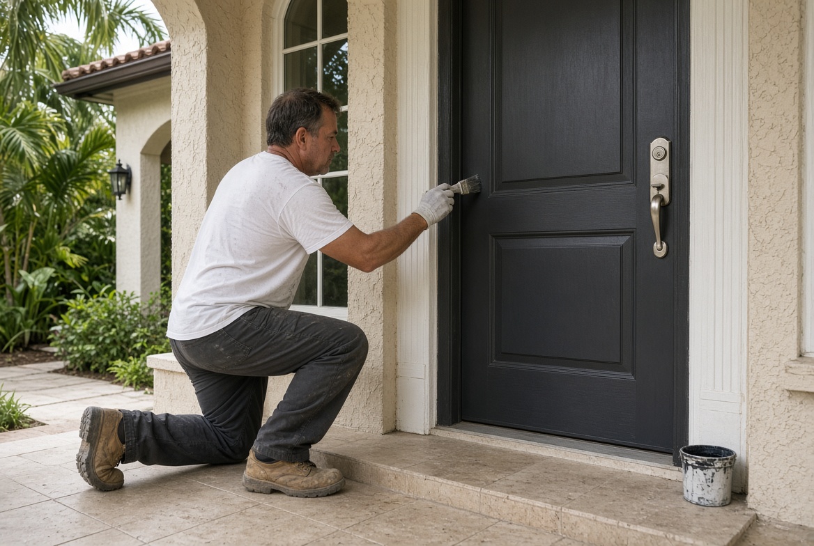 Painter coating a front door near Mallory Square
