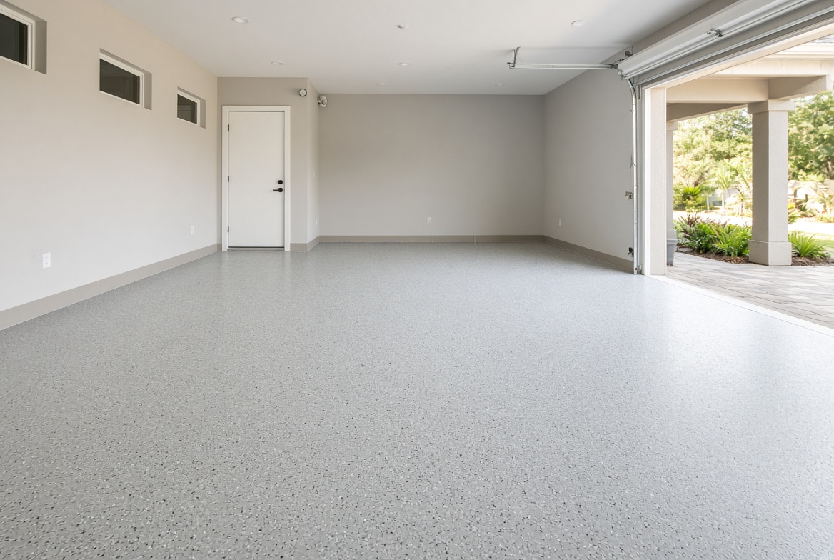 Light gray garage floor coating in a Fenney villa garage