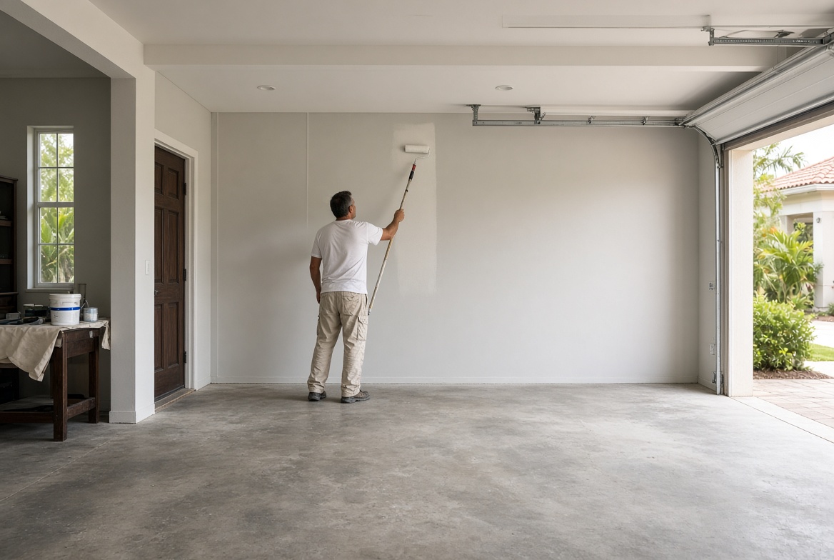 Painter rolling garage walls in a Collier-area villa