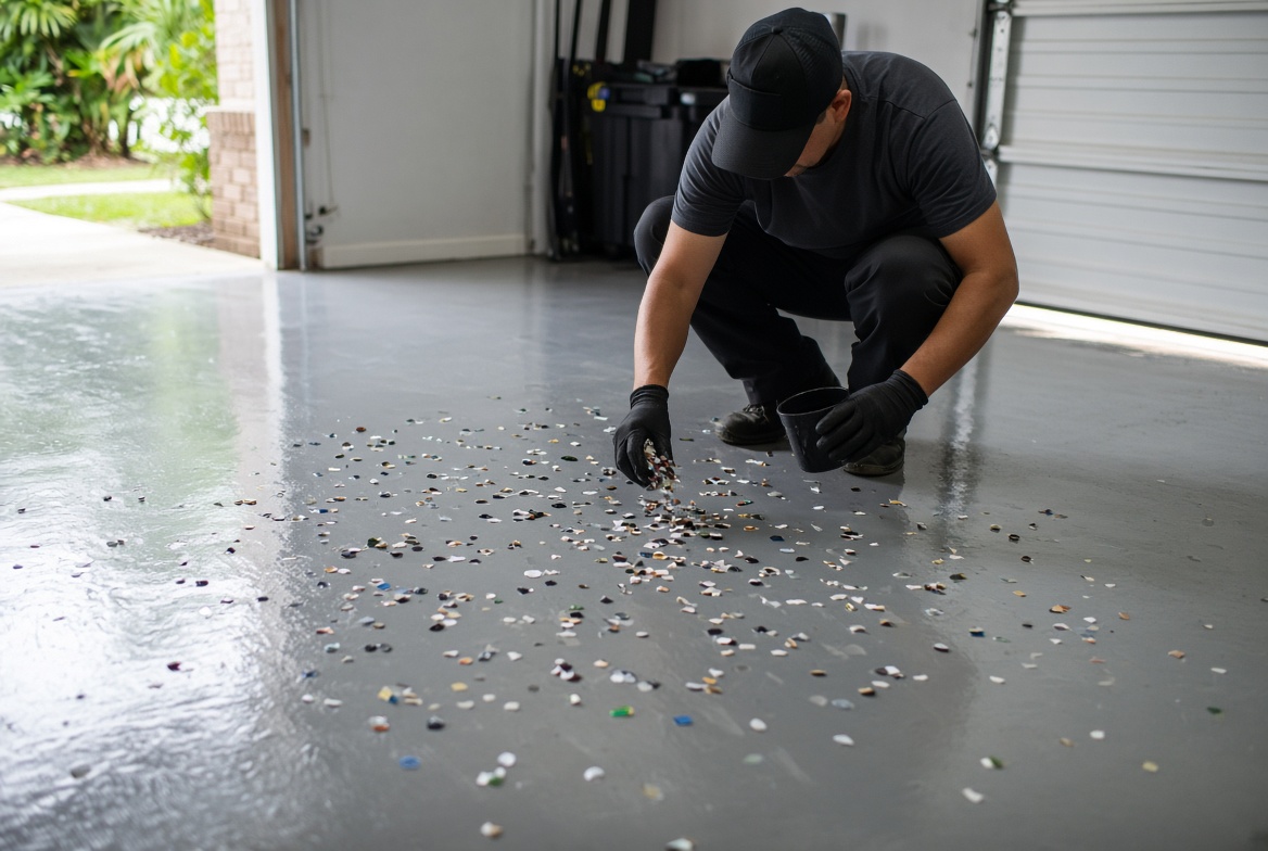 Technician broadcasting vinyl flakes onto a garage floor coating in The Villages