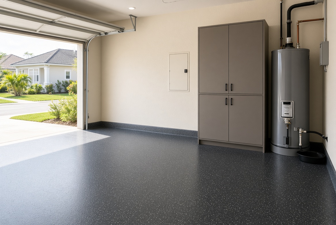 Charcoal flake garage floor coating around cabinets and water heater