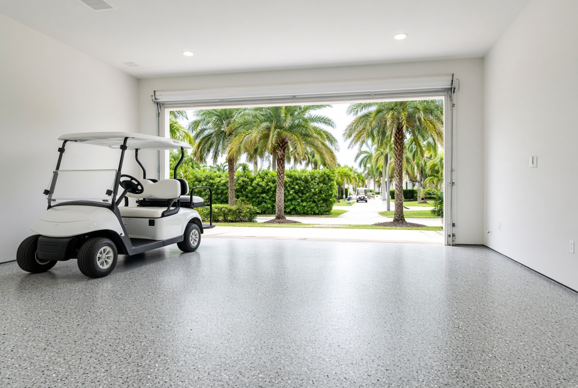Garage floor coating with golf cart in a The Villages Florida villa