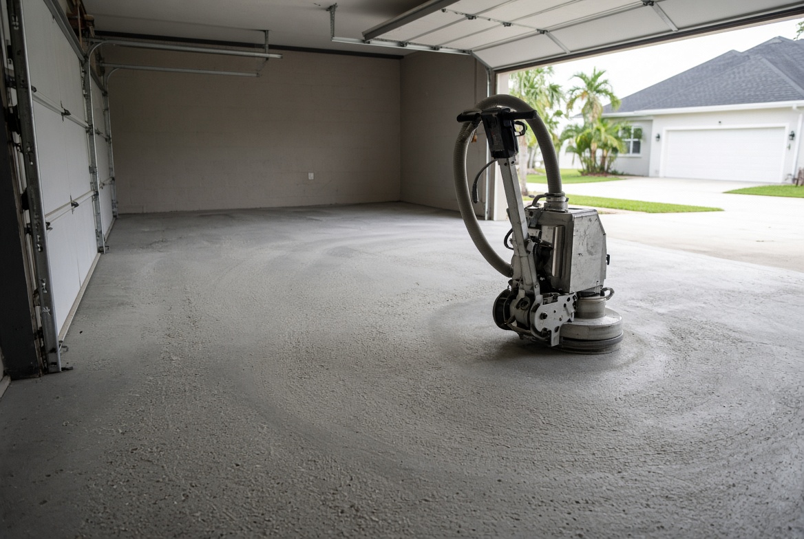 Concrete garage slab being ground before floor coating in The Villages Florida