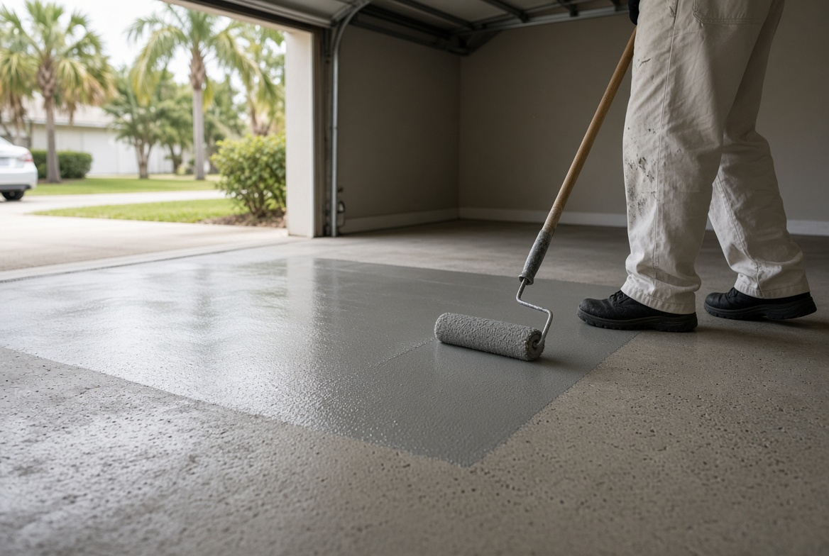 Primer rolled onto a concrete garage slab in The Villages Florida