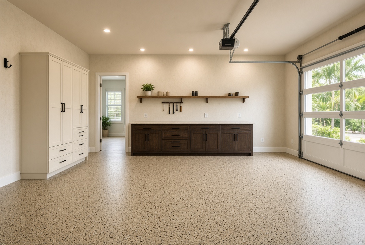 Tan flake garage floor coating in a The Villages Florida home