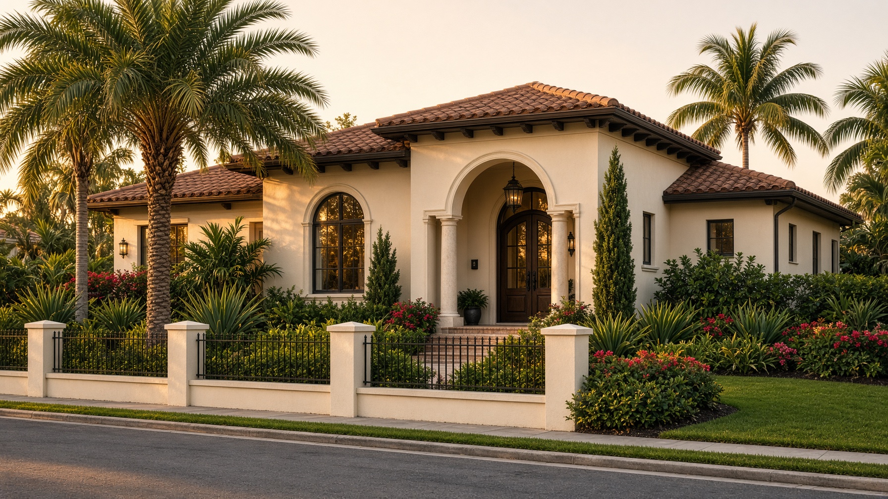 Upscale Florida villa with cream stucco and a terracotta tile roof