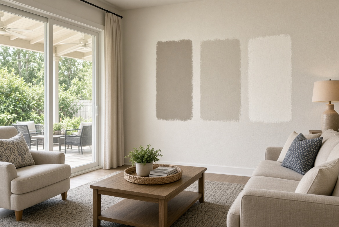 Interior paint color samples on a living room wall in Florida daylight