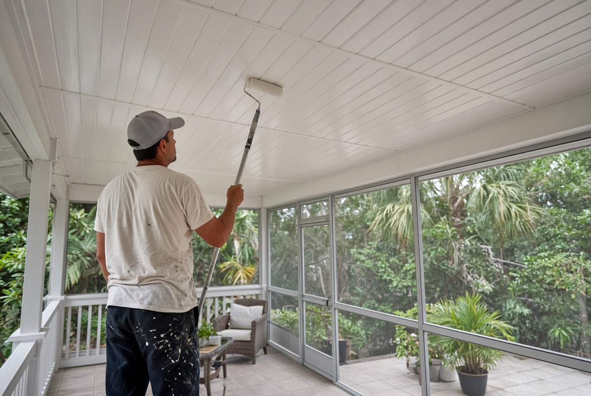 Painter rolling a screened lanai ceiling in Chitty Chatty