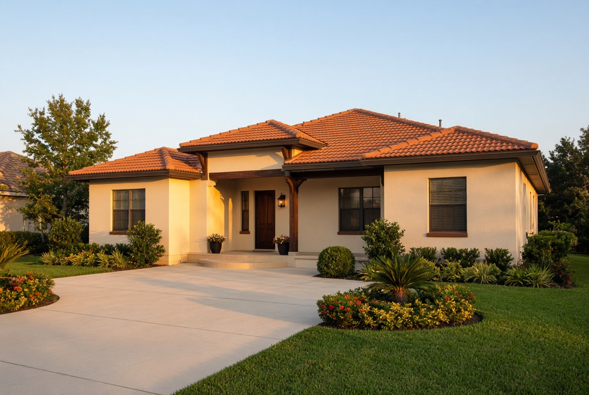 Ranch-style stucco villa near Brownwood Paddock Square in The Villages