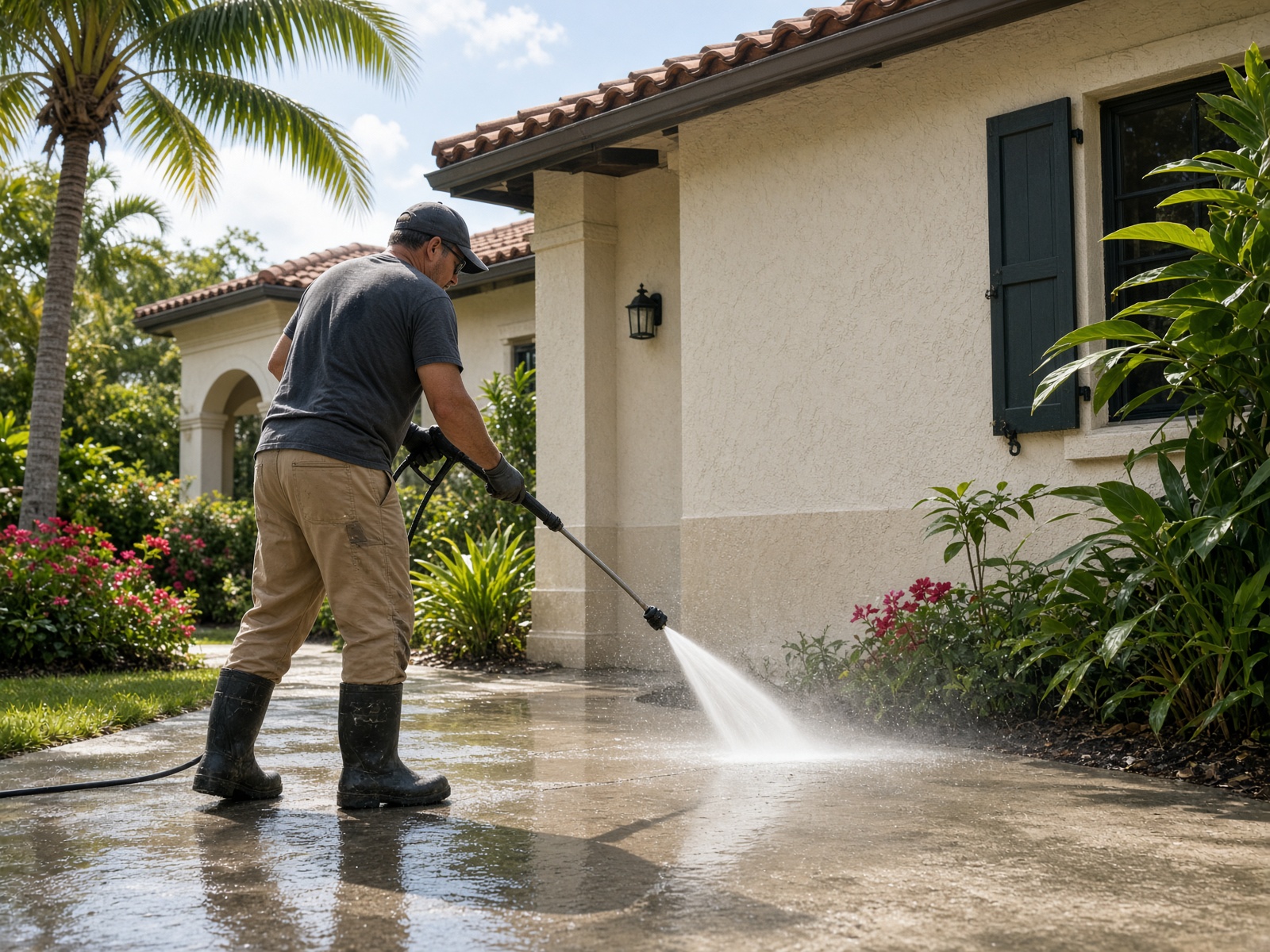 Professional pressure washing the driveway and lower wall of a Florida villa