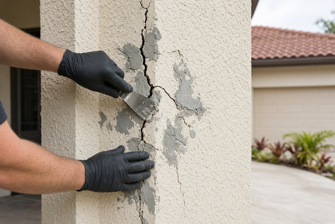 Stucco crack repair at a garage corner in The Villages