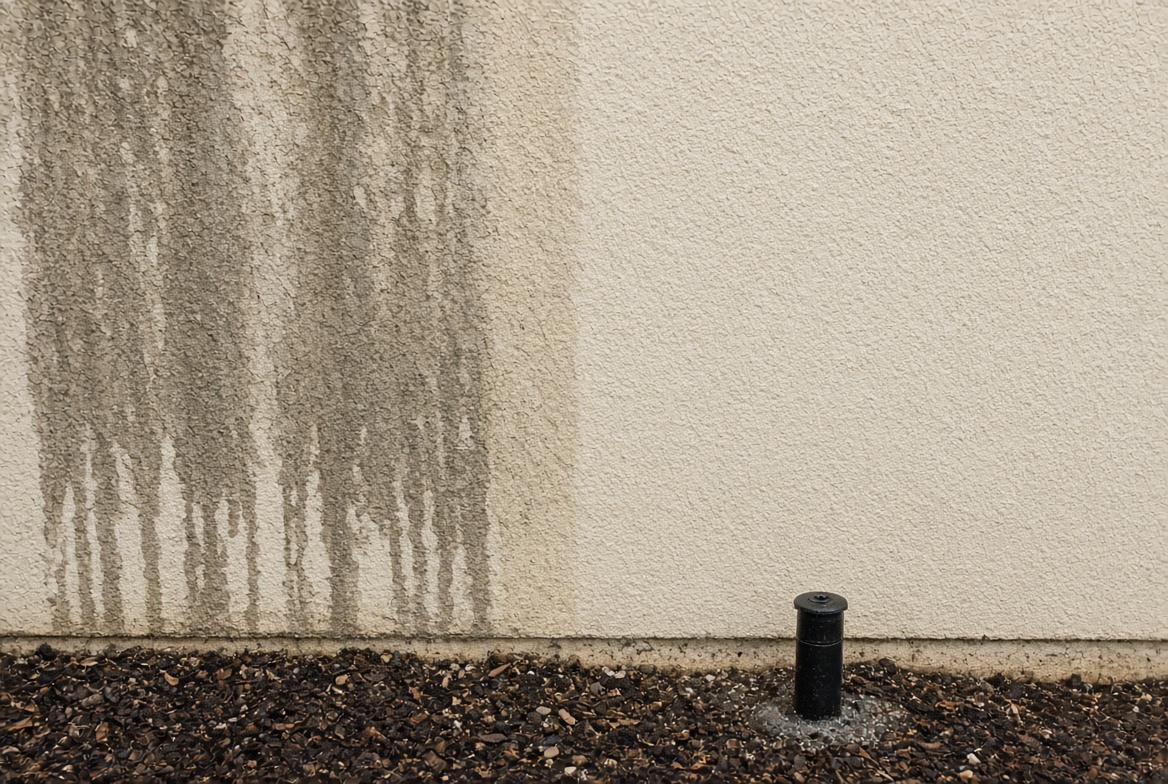 Irrigation staining on lower stucco wall in The Villages