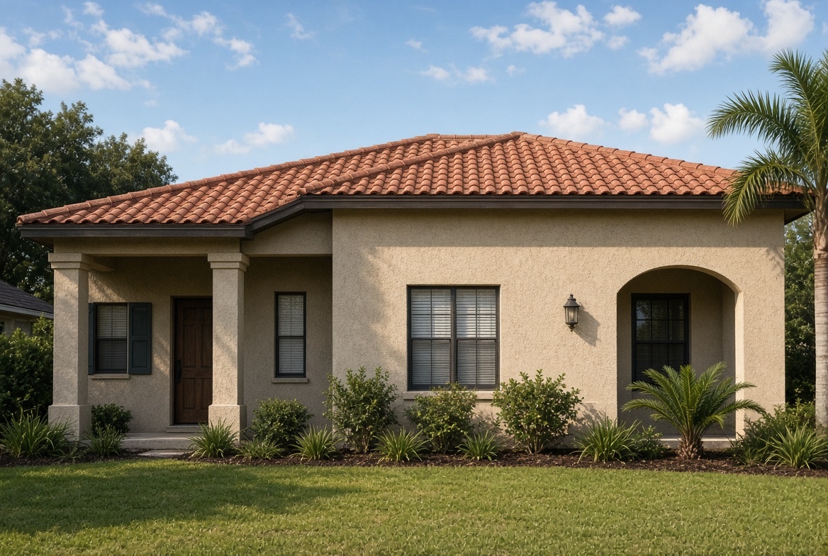 Sun-exposed stucco elevation on a The Villages Florida home