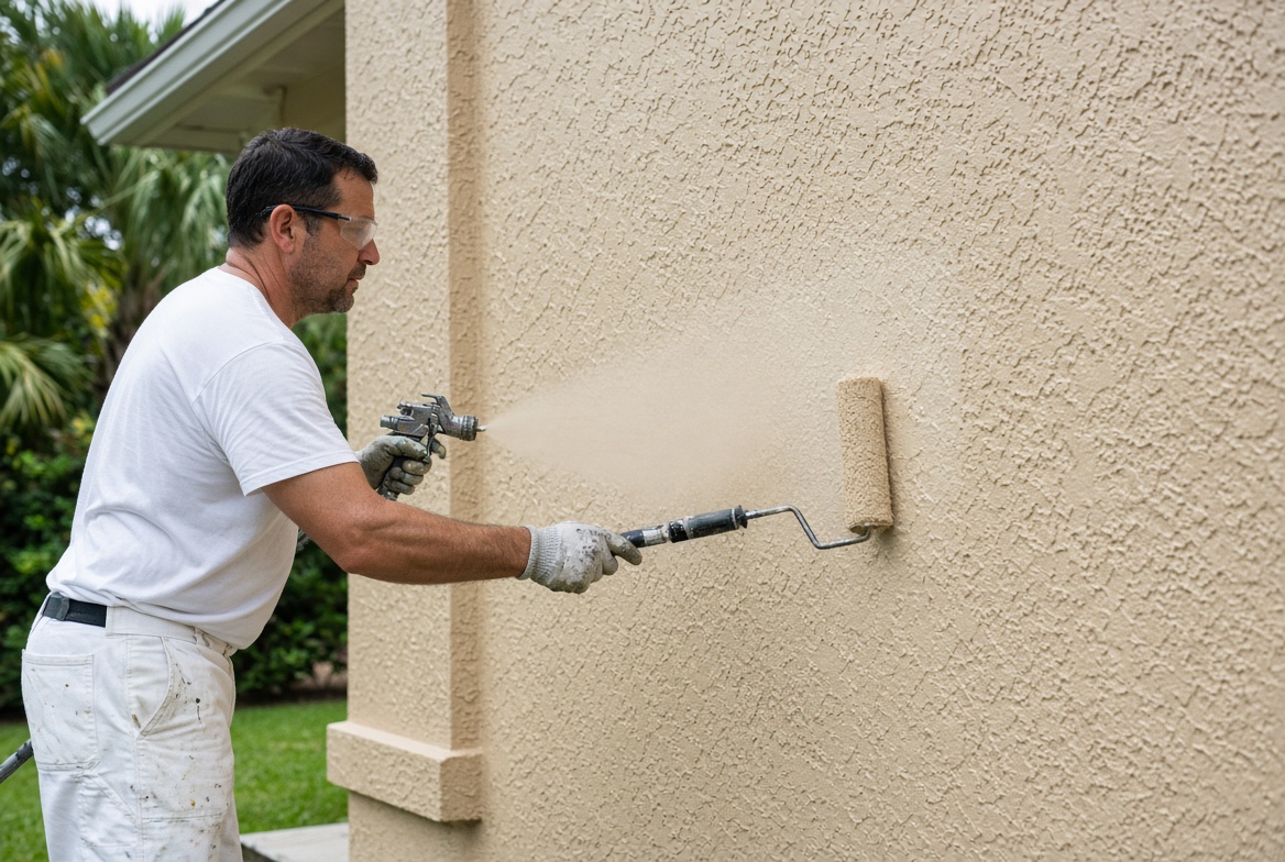 Painter back-rolling stucco on a Gilchrist-area home
