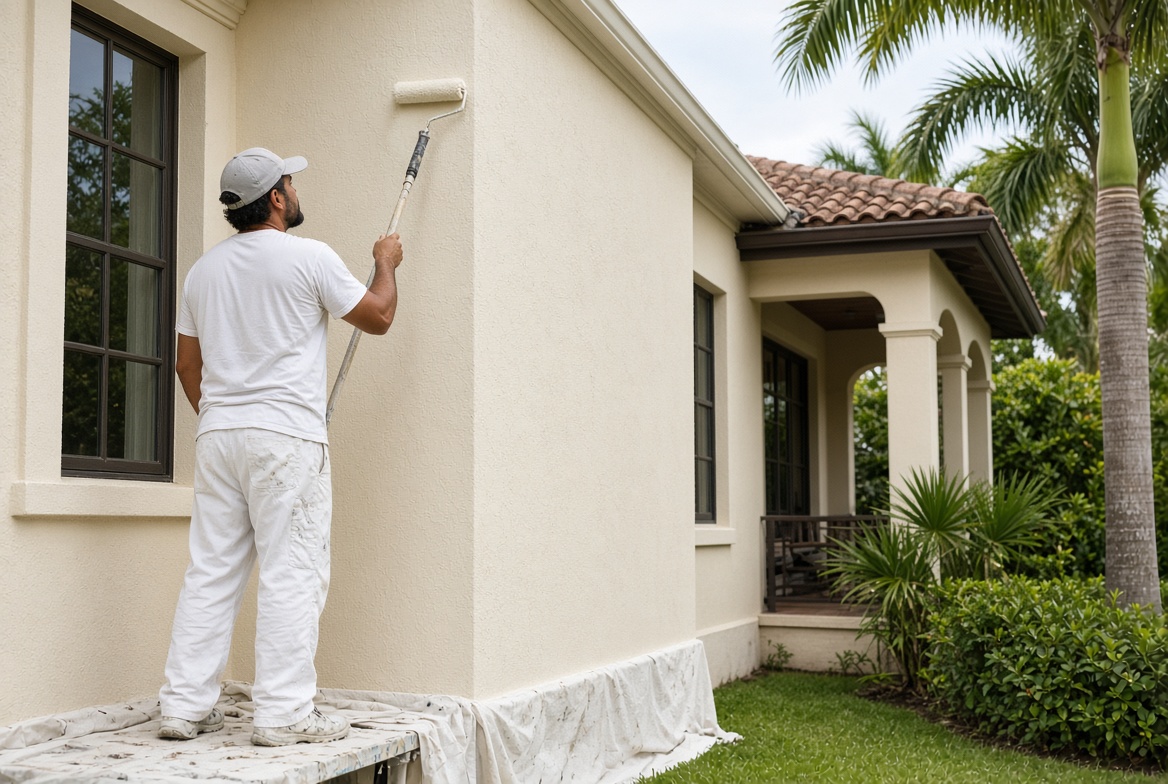 Painter rolling stucco on a DeLuna-area home