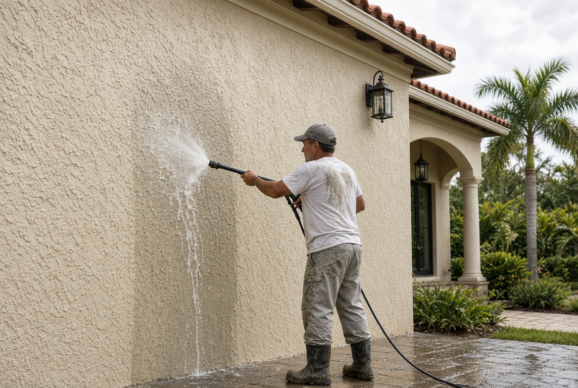 Washing new stucco before painting in Newell