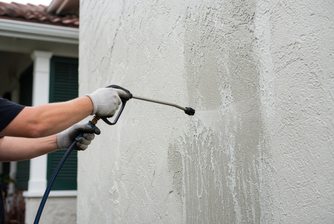Washing chalking stucco on a Chatham-area home