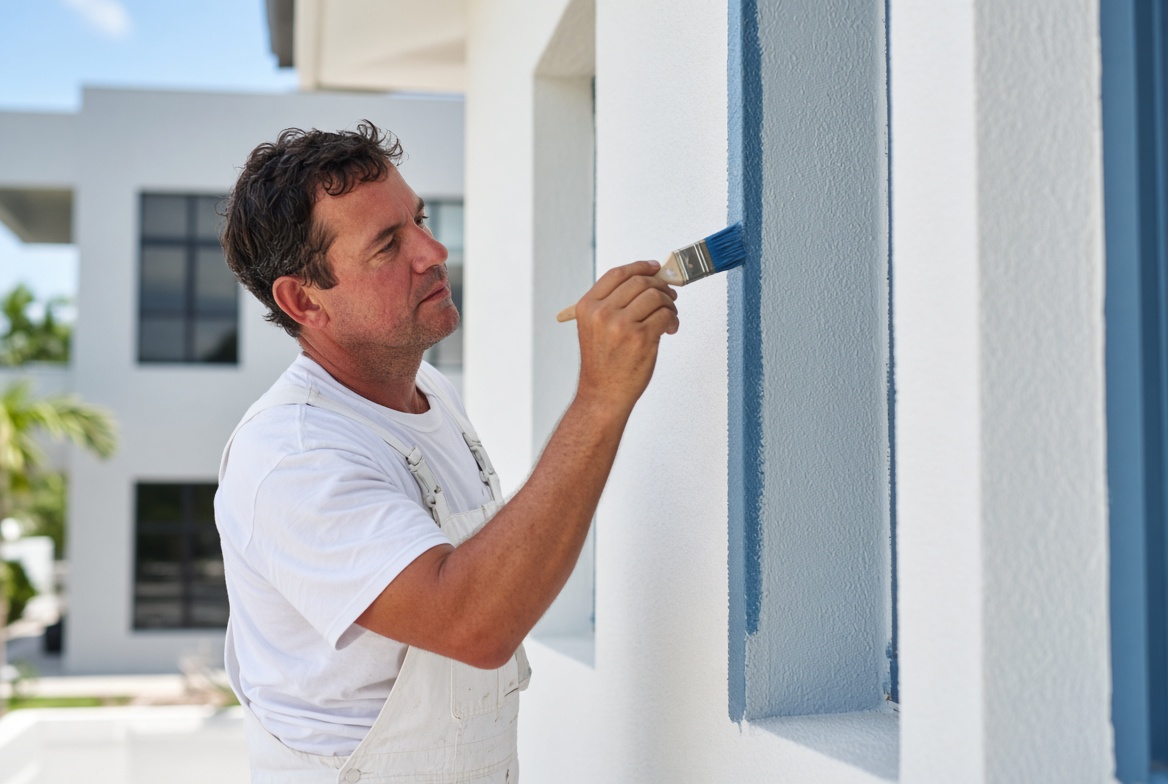 Painter cutting a clean line at a window return on Eastport-area stucco